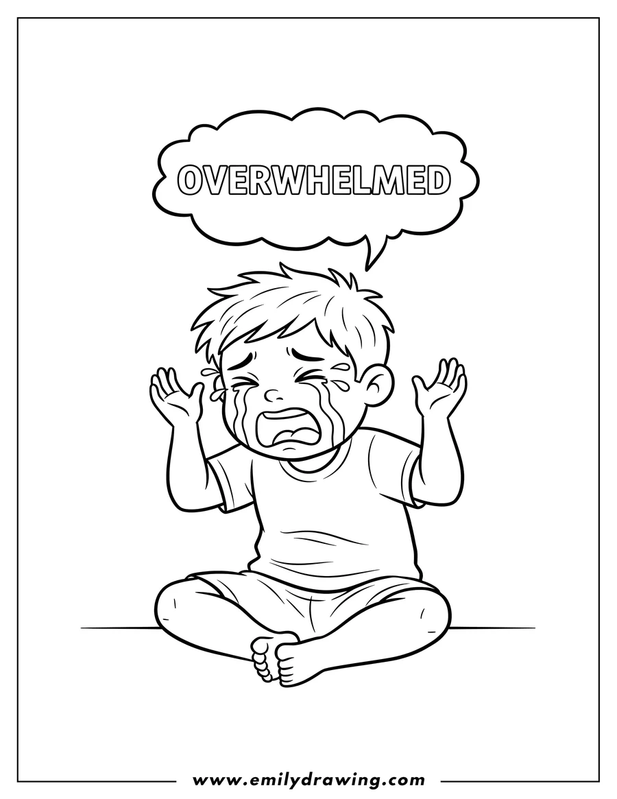 Simple sketch of overwhelmed boy crying, sitting with hands raised, and a speech bubble reading 'OVERWHELMED' to color