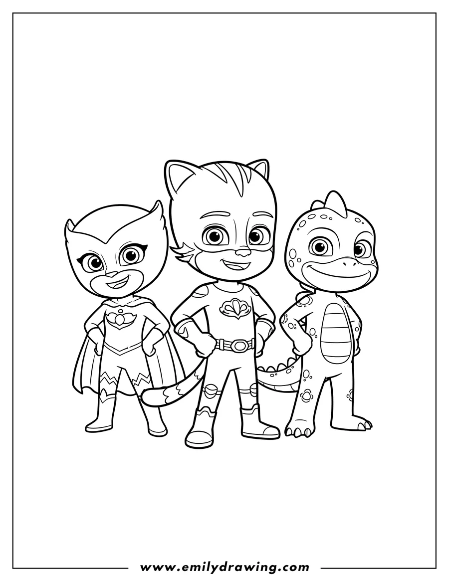 Coloring page for kids: simple Owlette Gekko And Catboy standing with arms bent and smiling