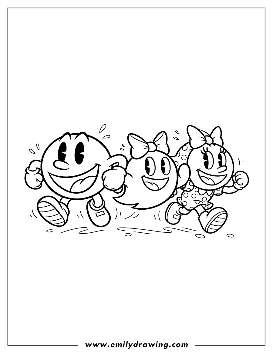 Simple sketch of pac-Man, Ms. Pac-Man, and a friendly ghost with a bow running and smiling together to color