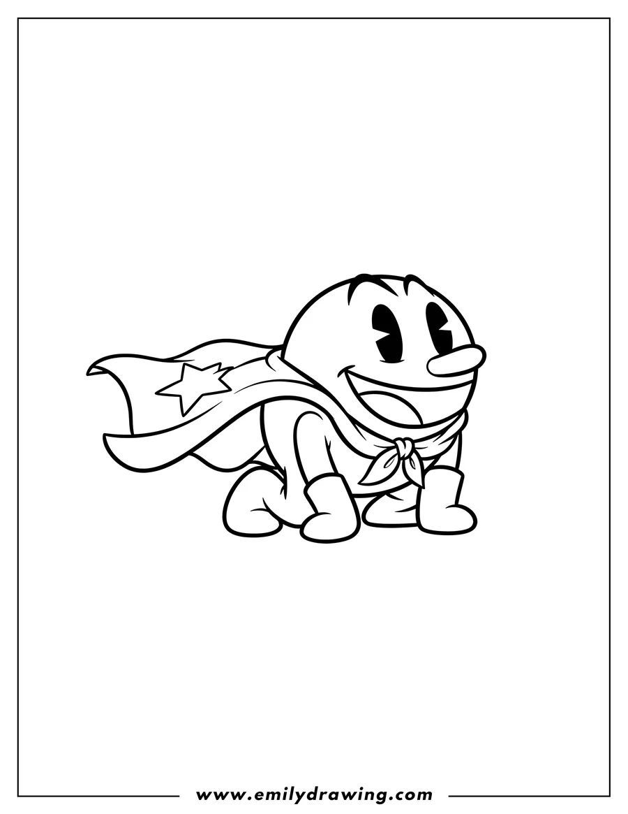 Black and white line art of simple Pac Man With Cape Preschoolers, in a crouching pose and smiling