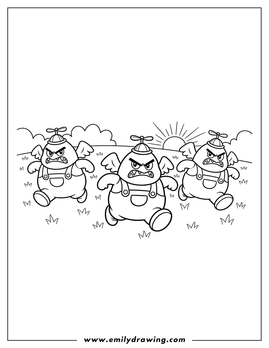 Free to print drawing of simple Paragoomba Preschoolers, running with an angry expression and fangs