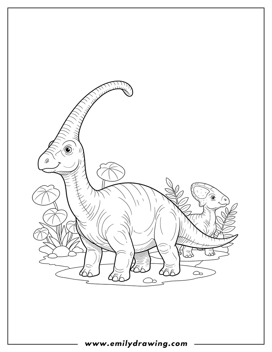 Coloring page for kids: A Parasaurolophus standing with a Corythosaurus behind it