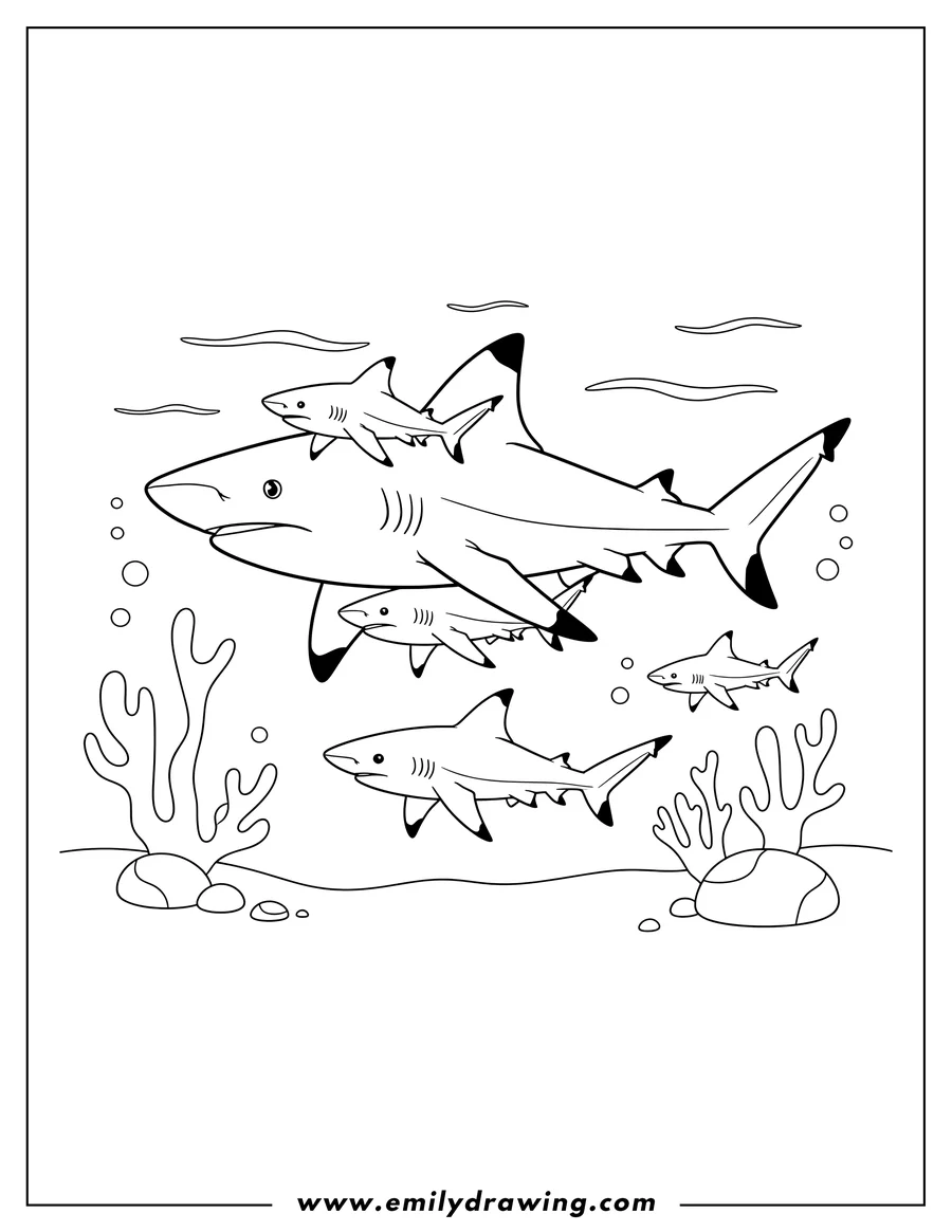 Coloring sheet featuring parent Shark