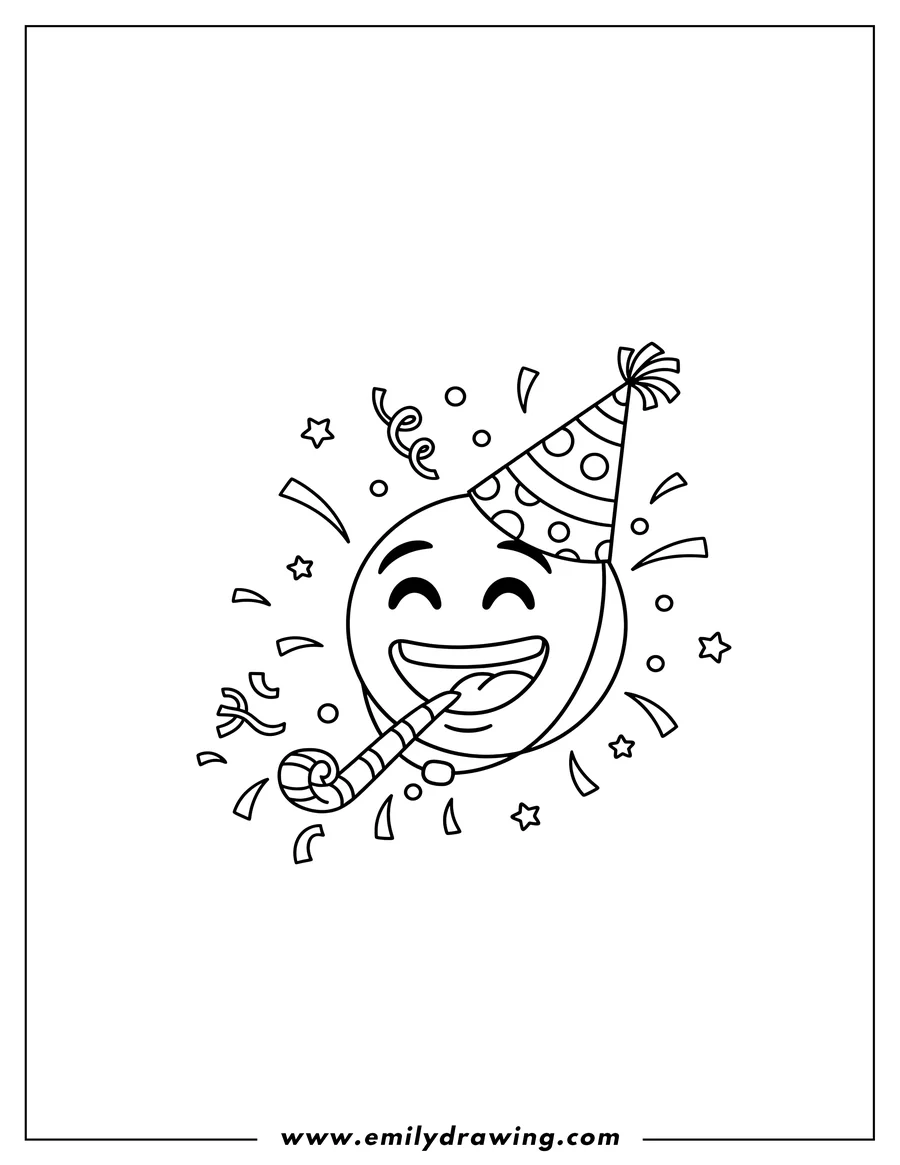 Printable line art of partying Face Emoji wearing a party hat and blowing a party horn