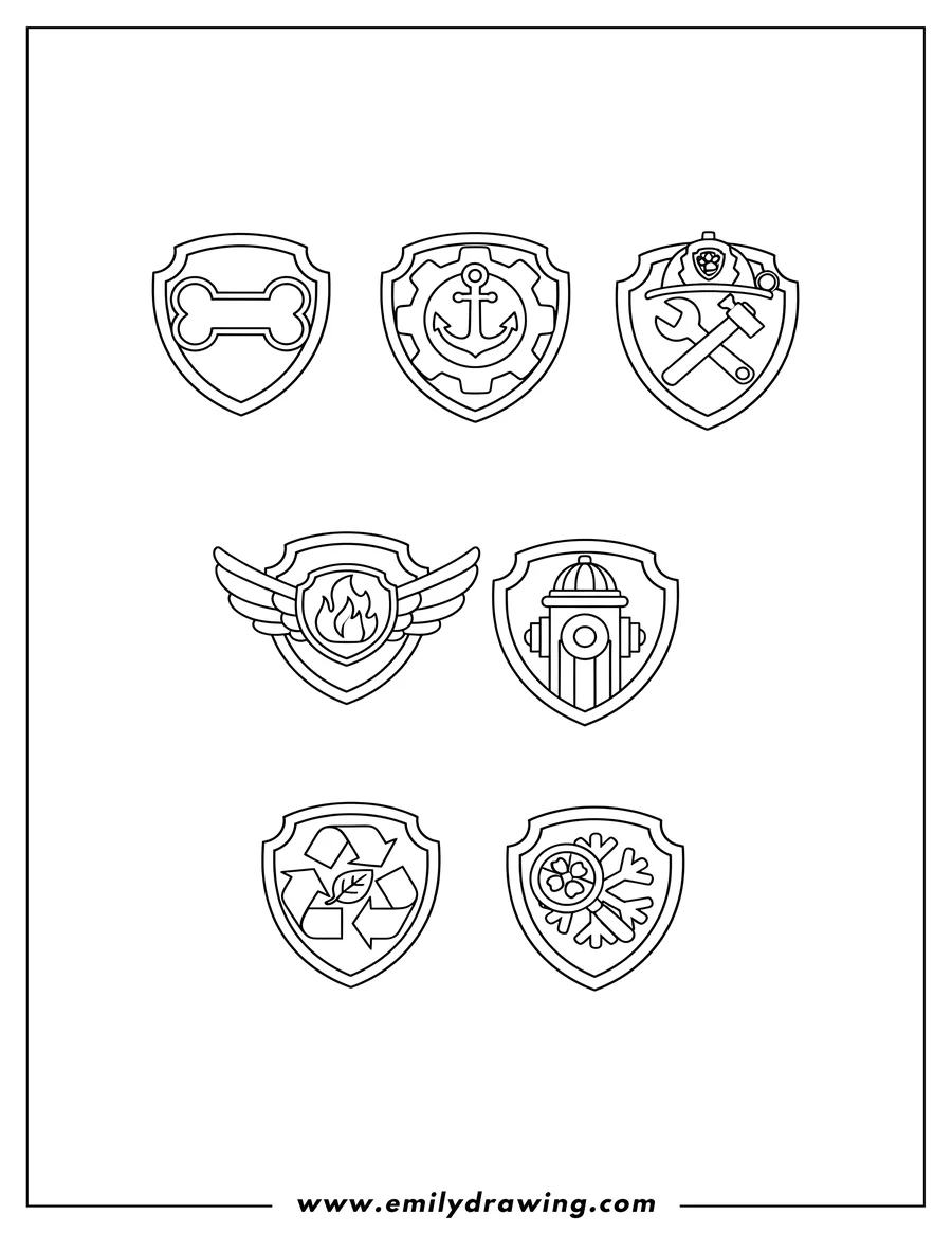 Free printable coloring sheet of paw Patrol Badges Scaled, featuring eight different outlined badges with unique symbols
