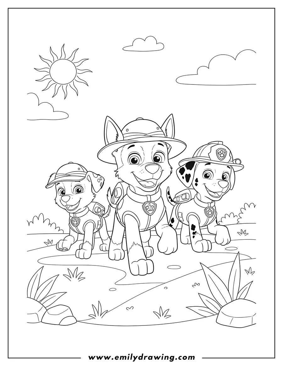 Linear illustration of paw Patrol Friends Sheet1 Scaled, featuring Chase, Tracker, and Marshall walking happily in safari hats