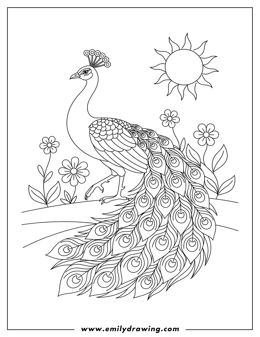 Coloring sheet featuring peacock walking with a crest and a long scaled tail