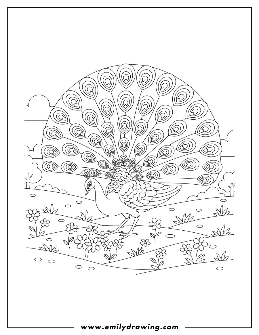 PDF style coloring page: peacock walking with fanned tail, looking down for food in a meadow