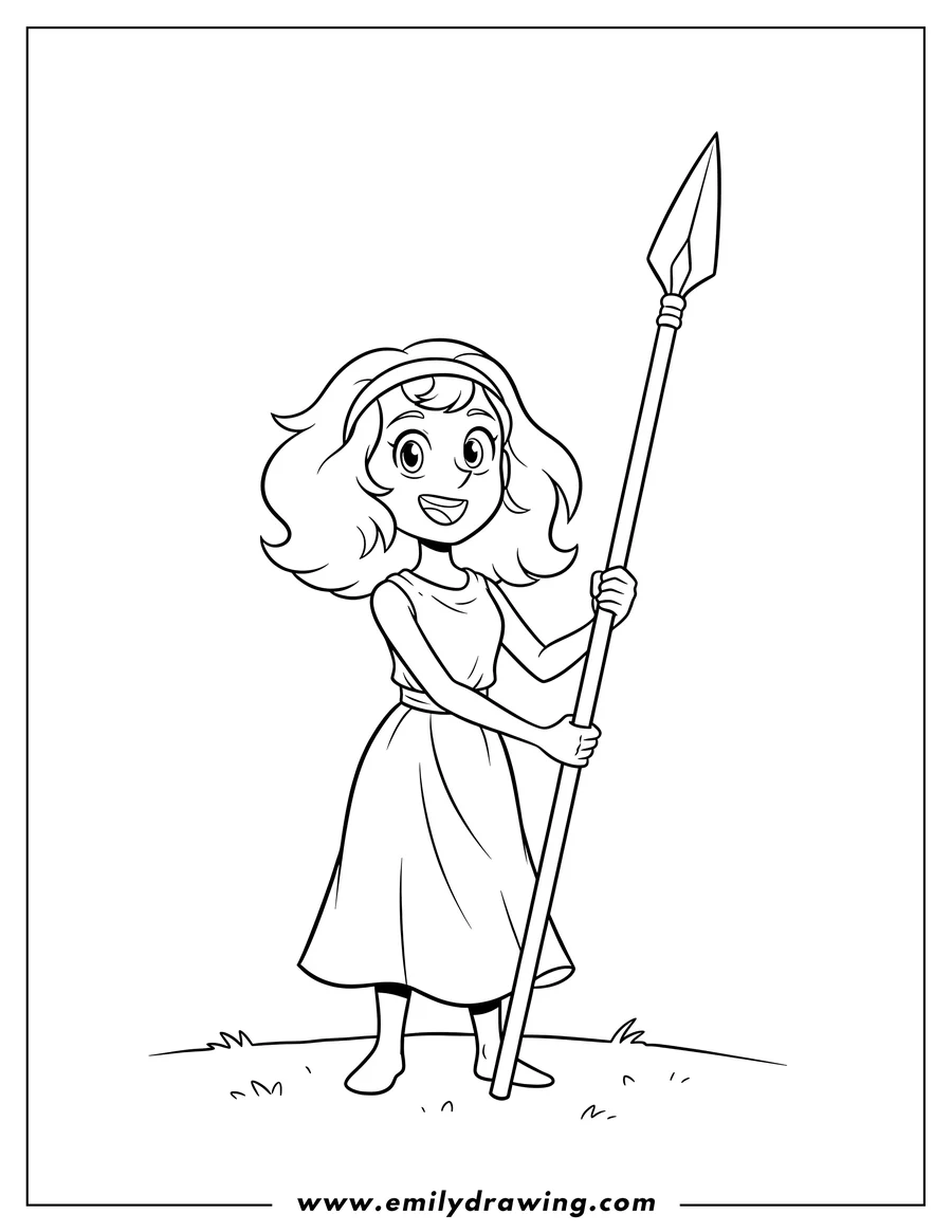 Linear illustration of simple Pearl standing and smiling, holding a spear