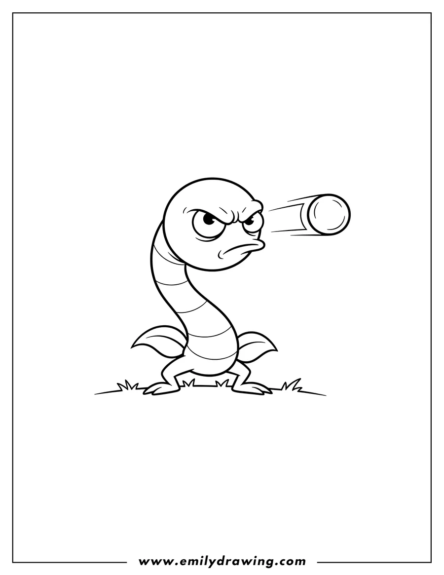 Black and white line art of peashooter firing a pea with a determined expression