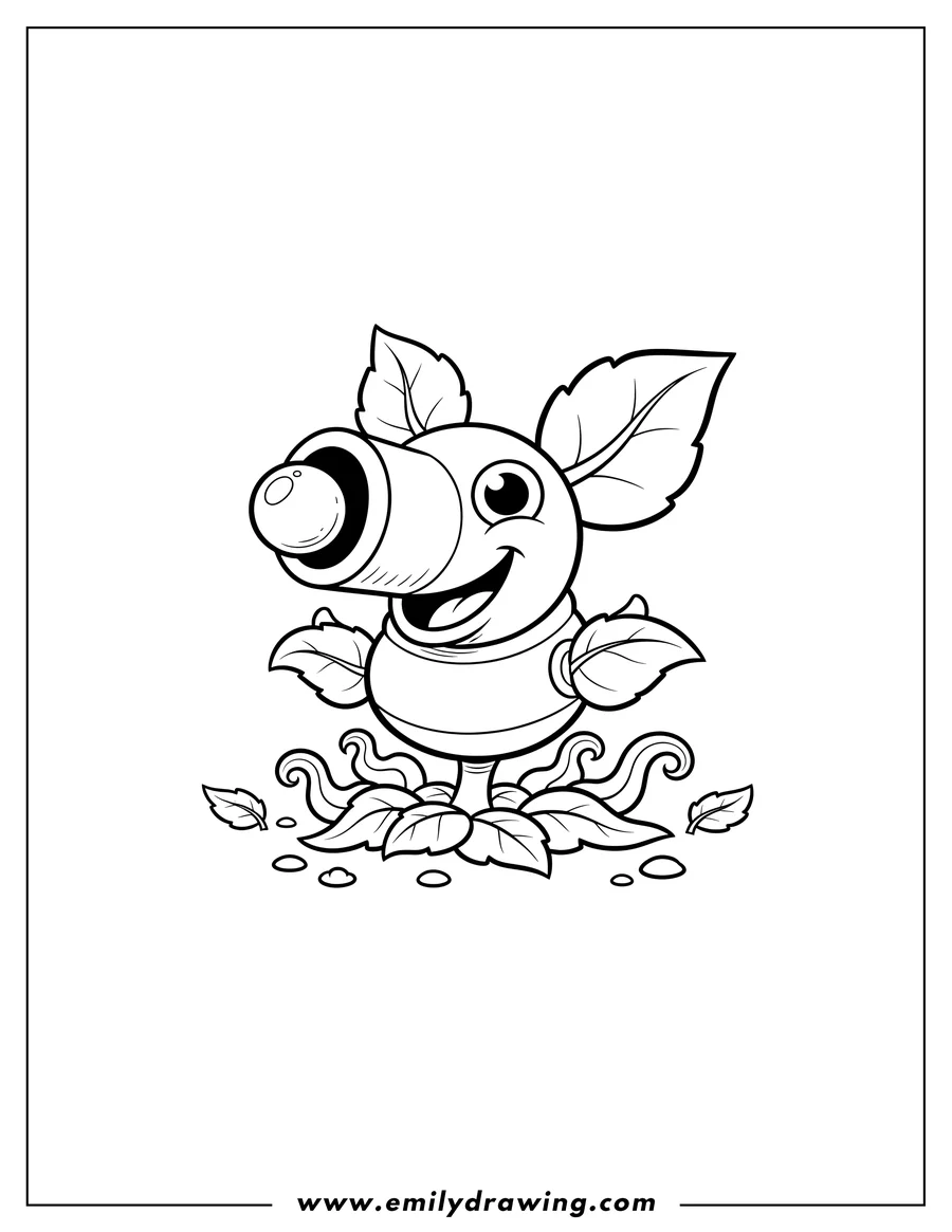 Black and white line art of peashooter standing with leaves