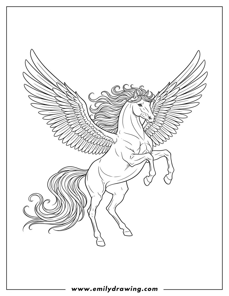 Coloring page for kids: pegasus Spreading His Wings, Rearing Up, with Flowing Mane and Tail