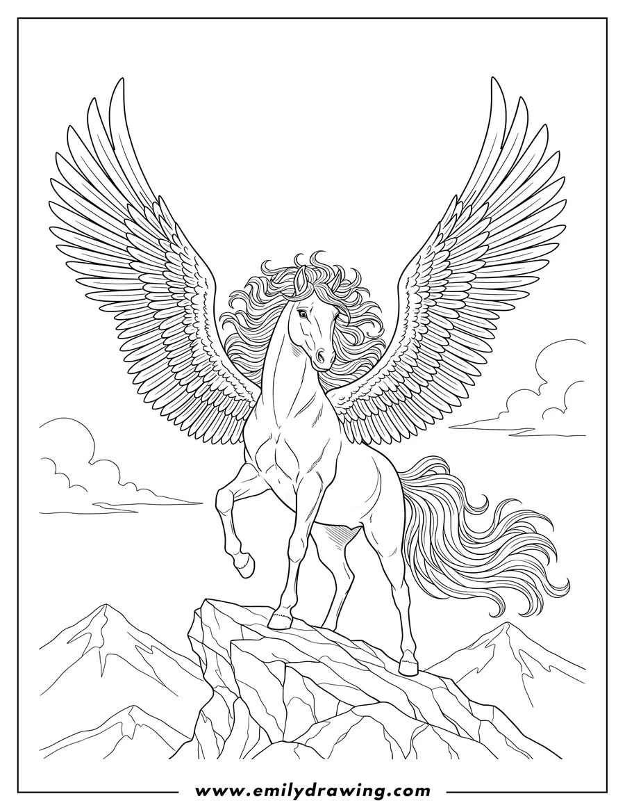 Printable line art of pegasus Standing On Rock with large wings spread and flowing mane