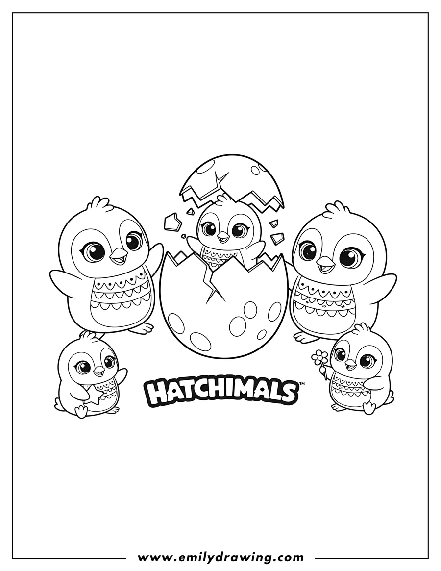 Black and white line art of penguin Hatchimals with a cracking egg in the middle, and the brand name HATCHIMALS