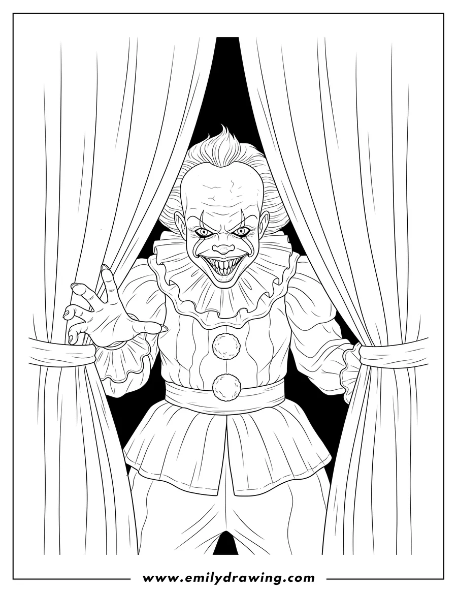 Vector style outline of pennywise peeking from curtains, reaching out with sharp claws and a menacing smile