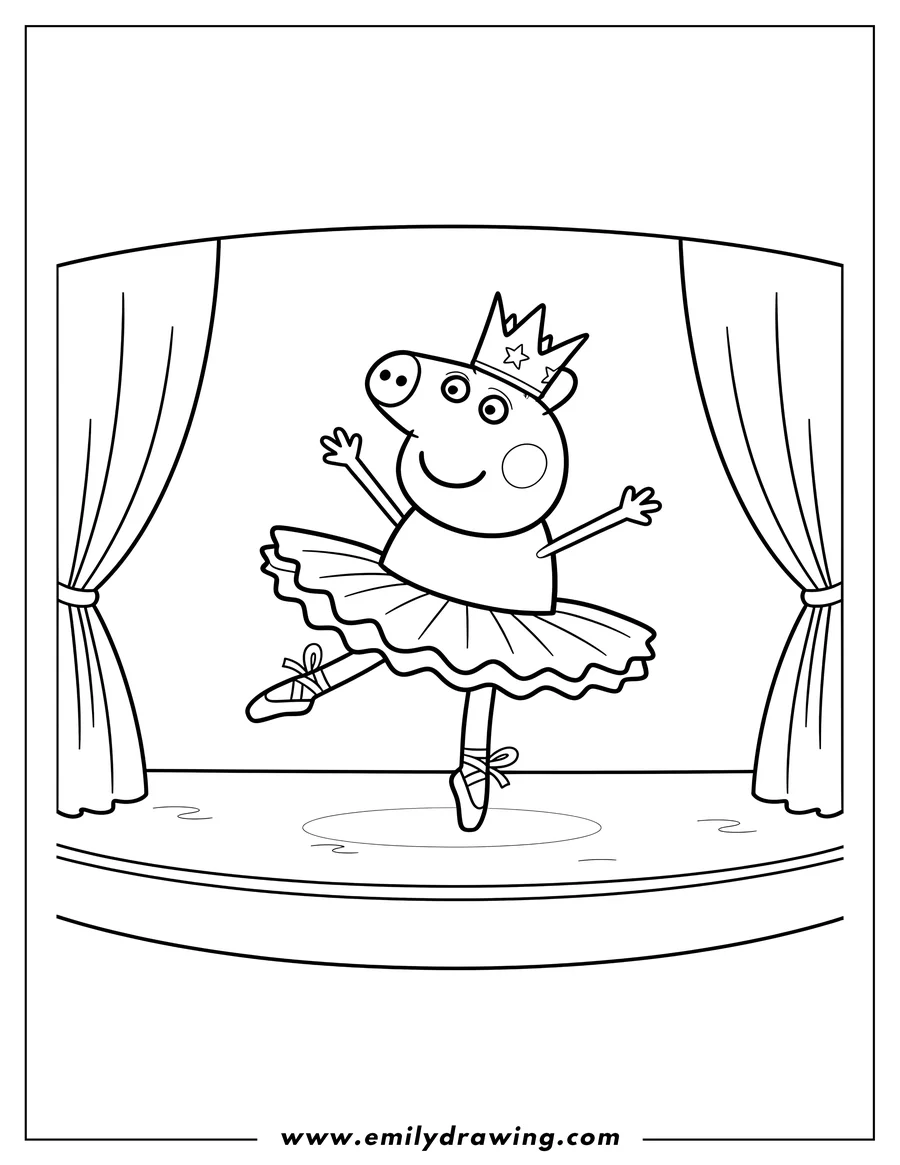 Simple sketch of peppa Pig Ballerina wearing a crown, dancing on a stage to color