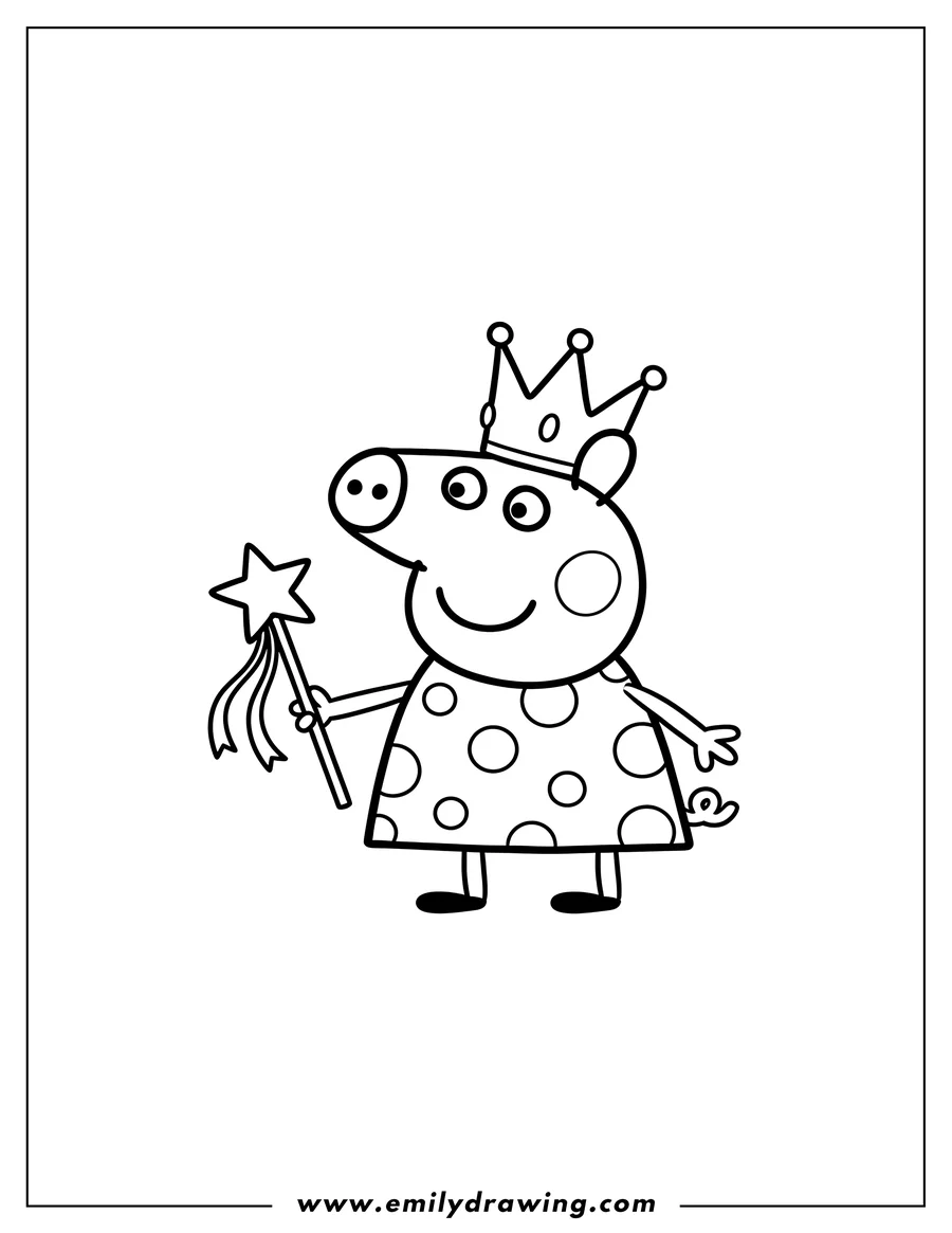 PDF style coloring page: peppa Pig wearing a polka-dotted dress and crown, holding a star wand