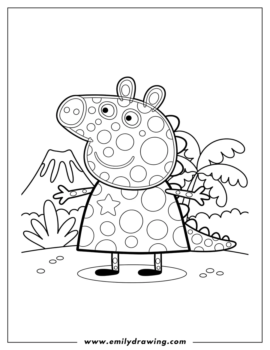 Coloring page of dinosaur Themed Peppa Pig Scaled, smiling and standing