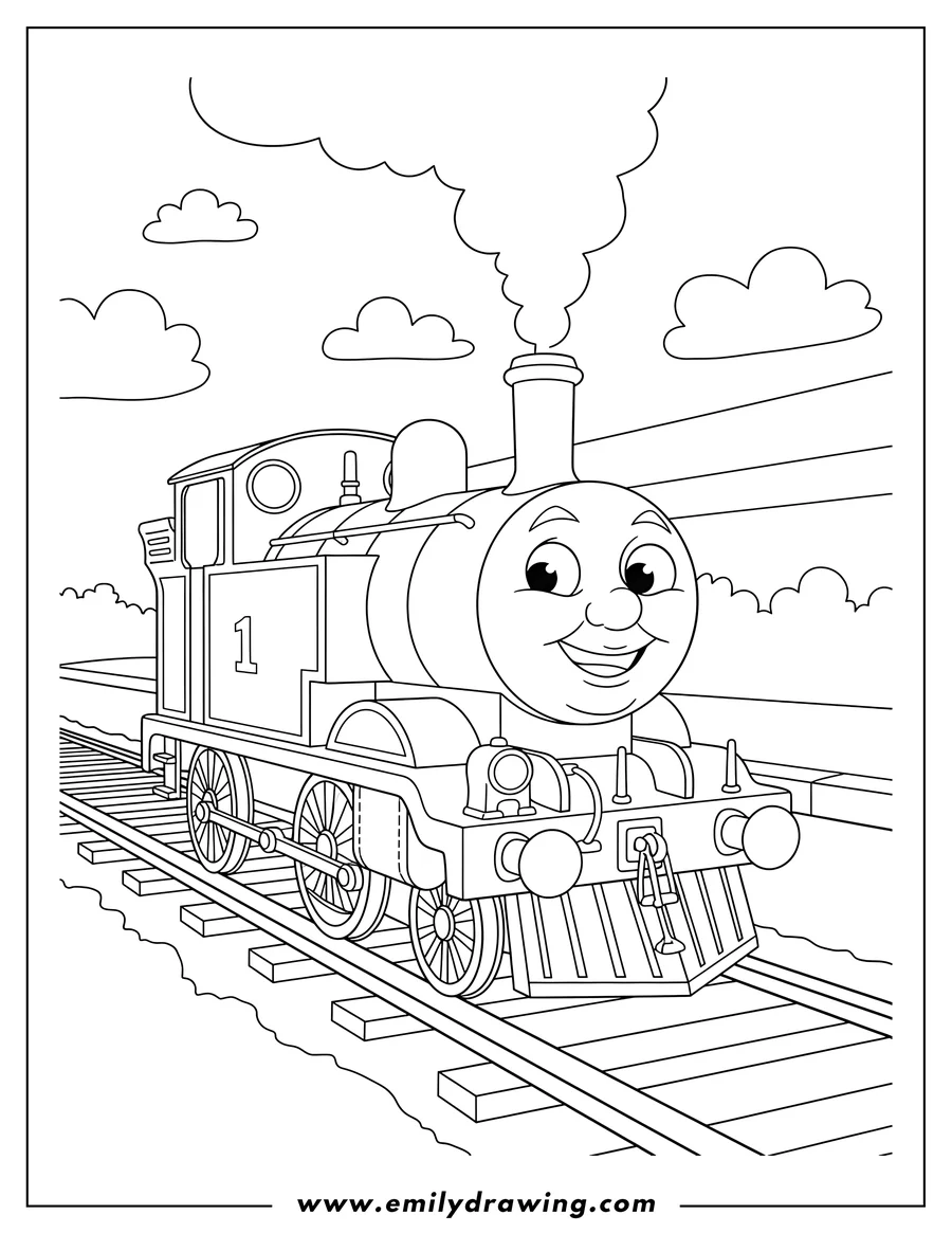 Clean line drawing: simple Percy Train, smiling, on train tracks