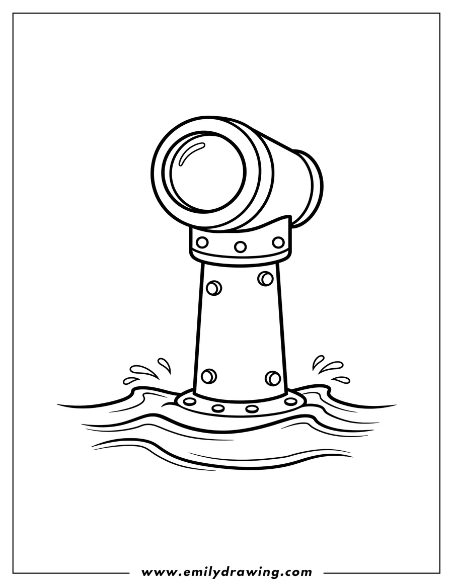 Printable coloring page of periscope with a round top and bolts, peeking out of the water