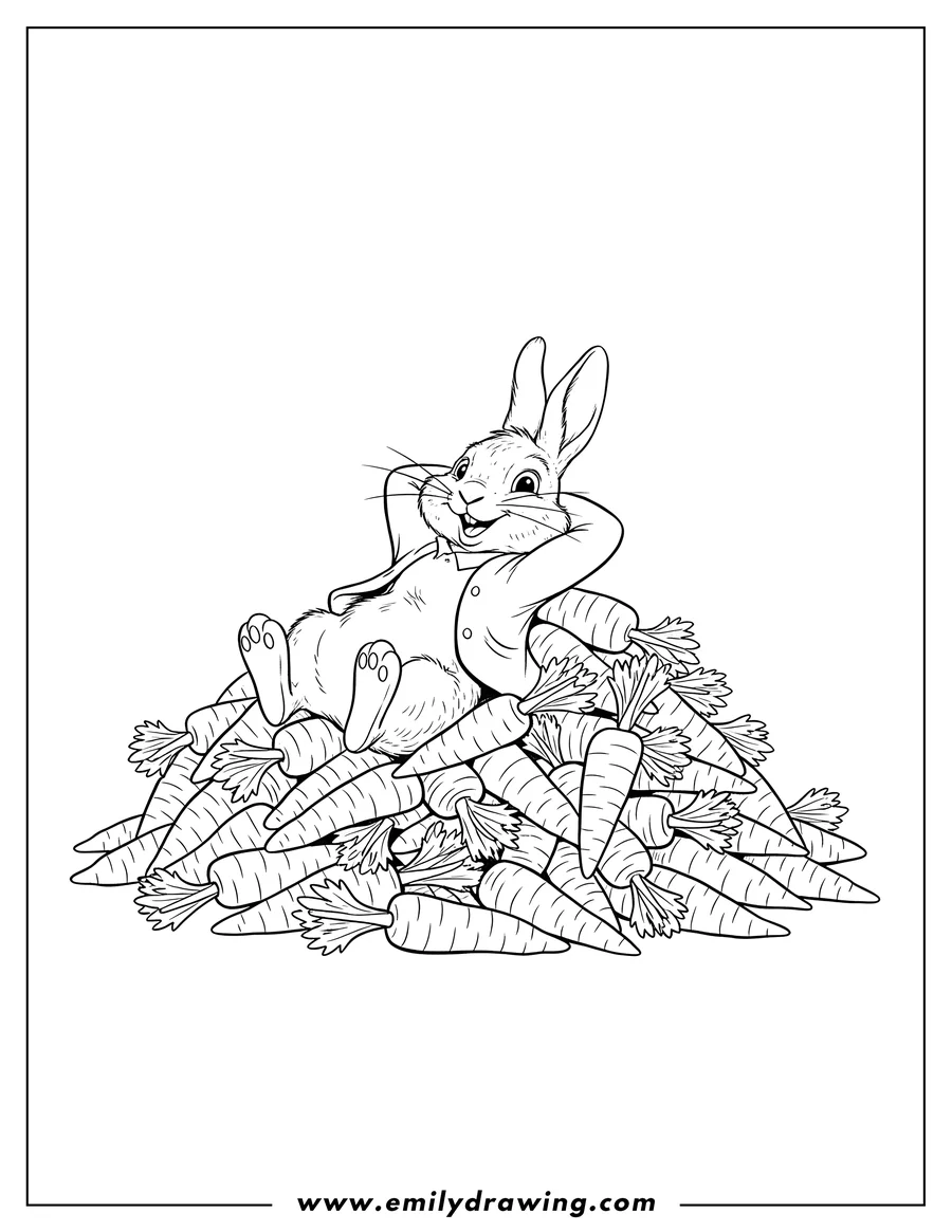 Free to print drawing of peter Rabbit smiling with hands behind his head, lying on a pile of carrots