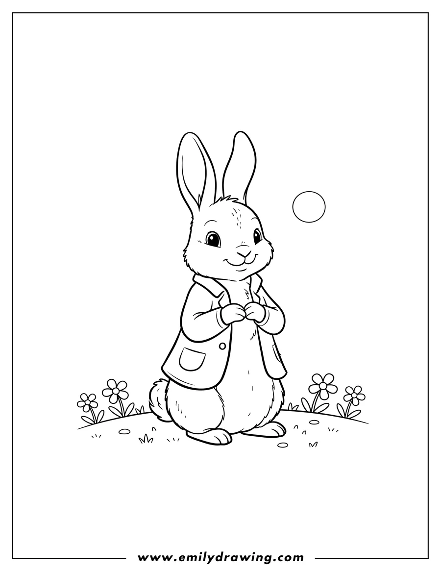 Coloring sheet featuring simple Peter Rabbit standing and holding his paws together