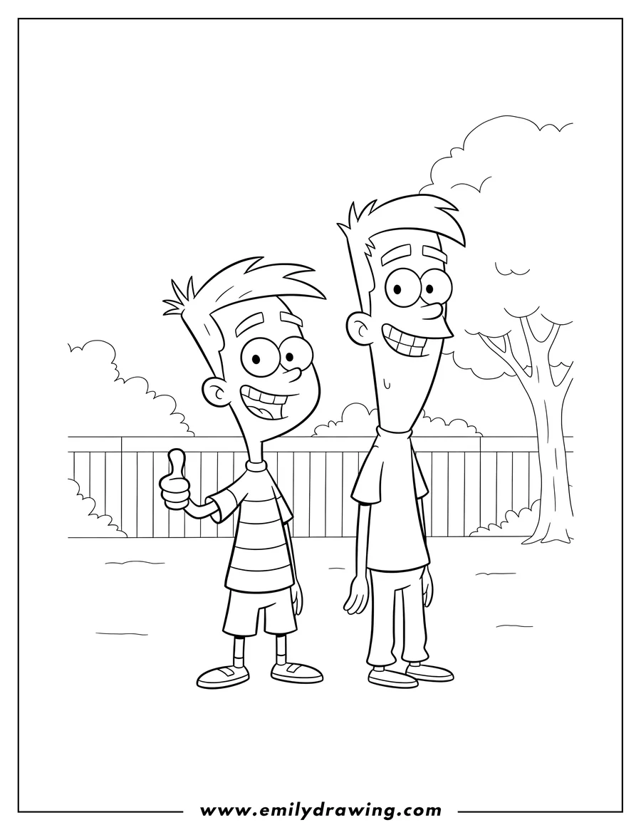 PDF style coloring page: phineas and Ferb standing together, Ferb smiling