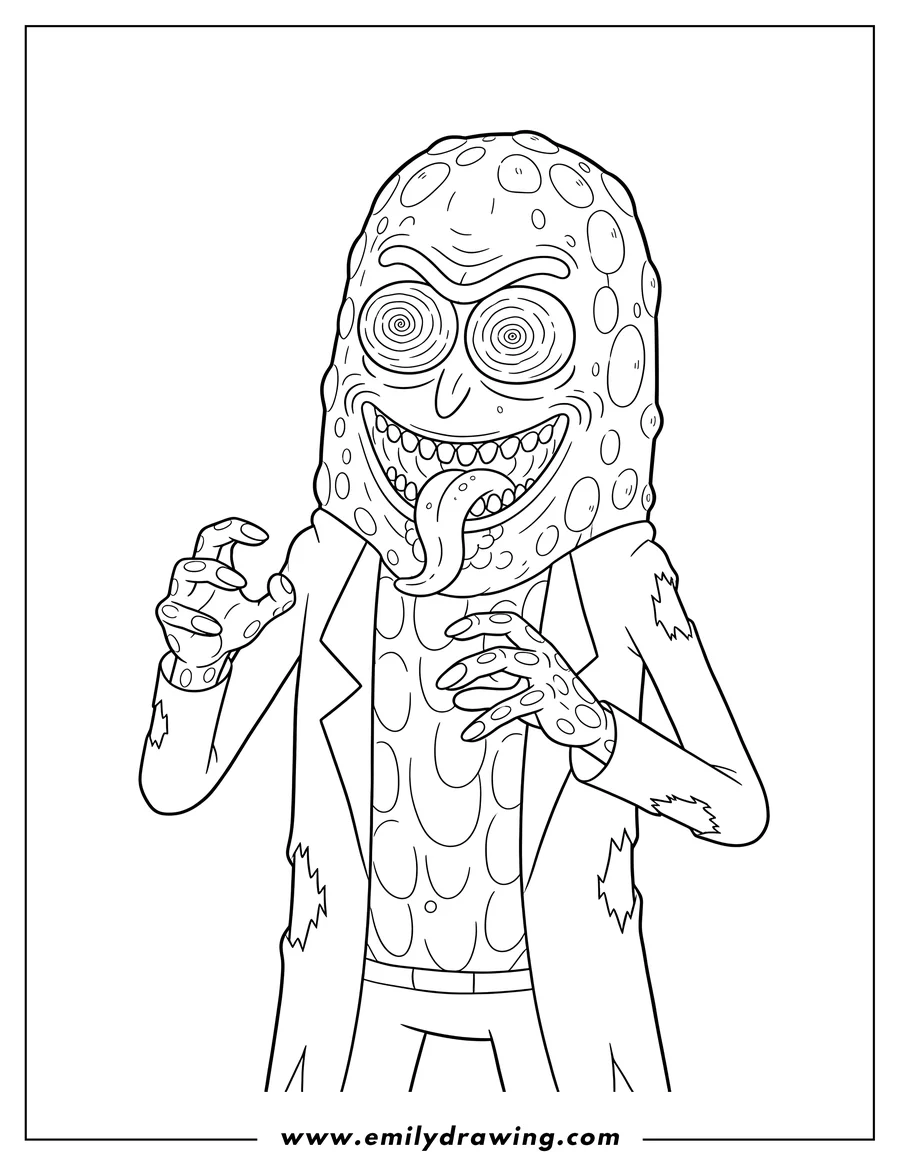 Doodle style coloring picture of pickle Rick Scaled with a wide, maniacal grin and bulging eyes
