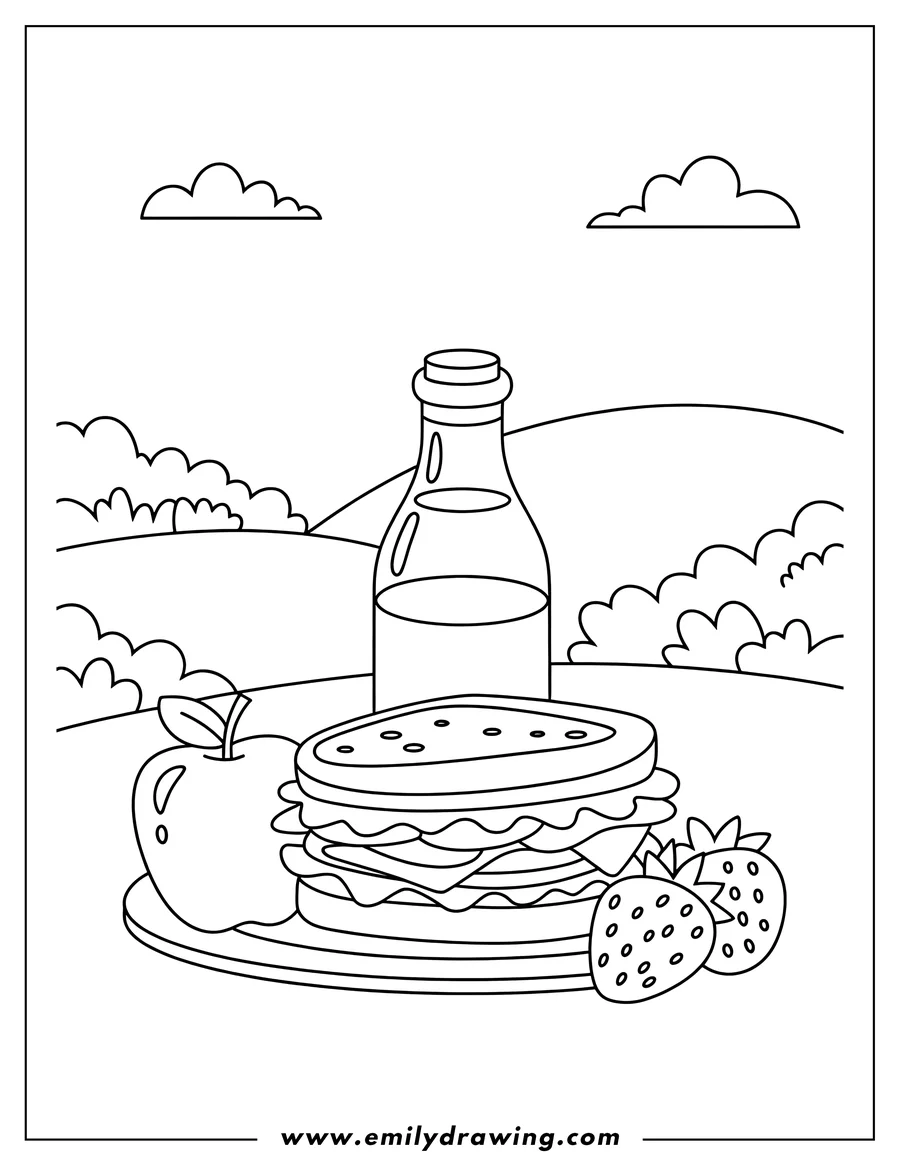 Clean line drawing: picnic food