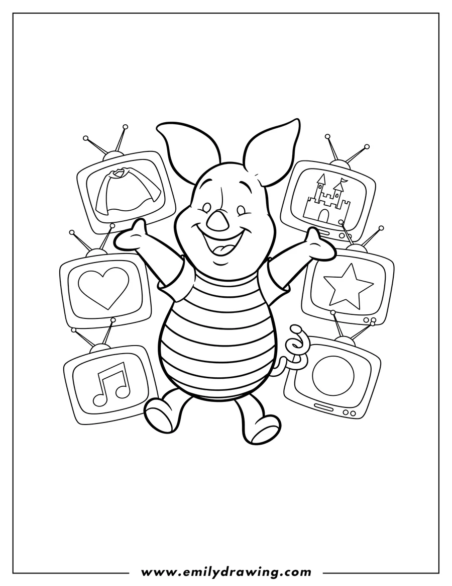 Coloring page of piglet Tv Shows, smiling and dancing