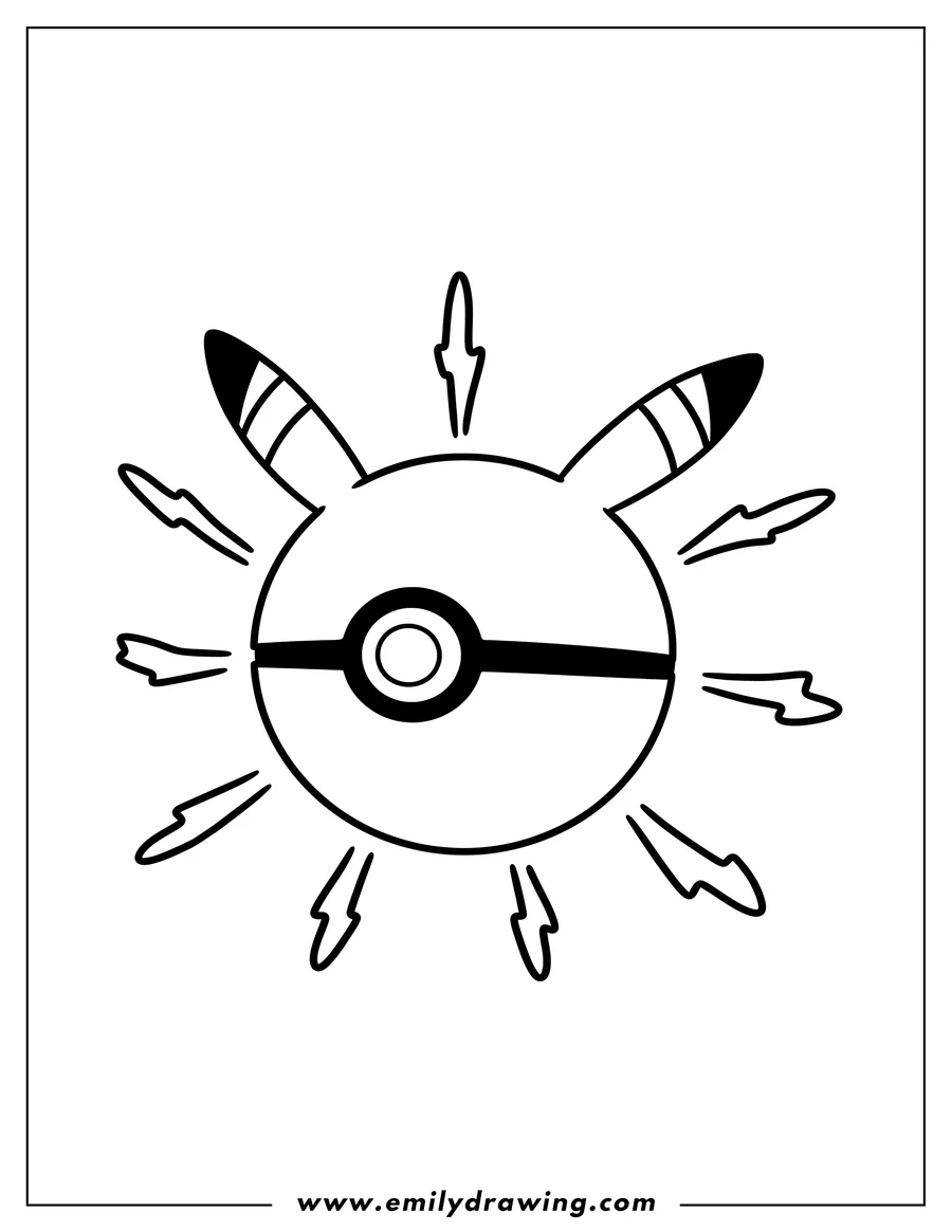 Free printable coloring sheet of simple Pikaball Outline with Pikachu ears and radiating lines for Preschoolers