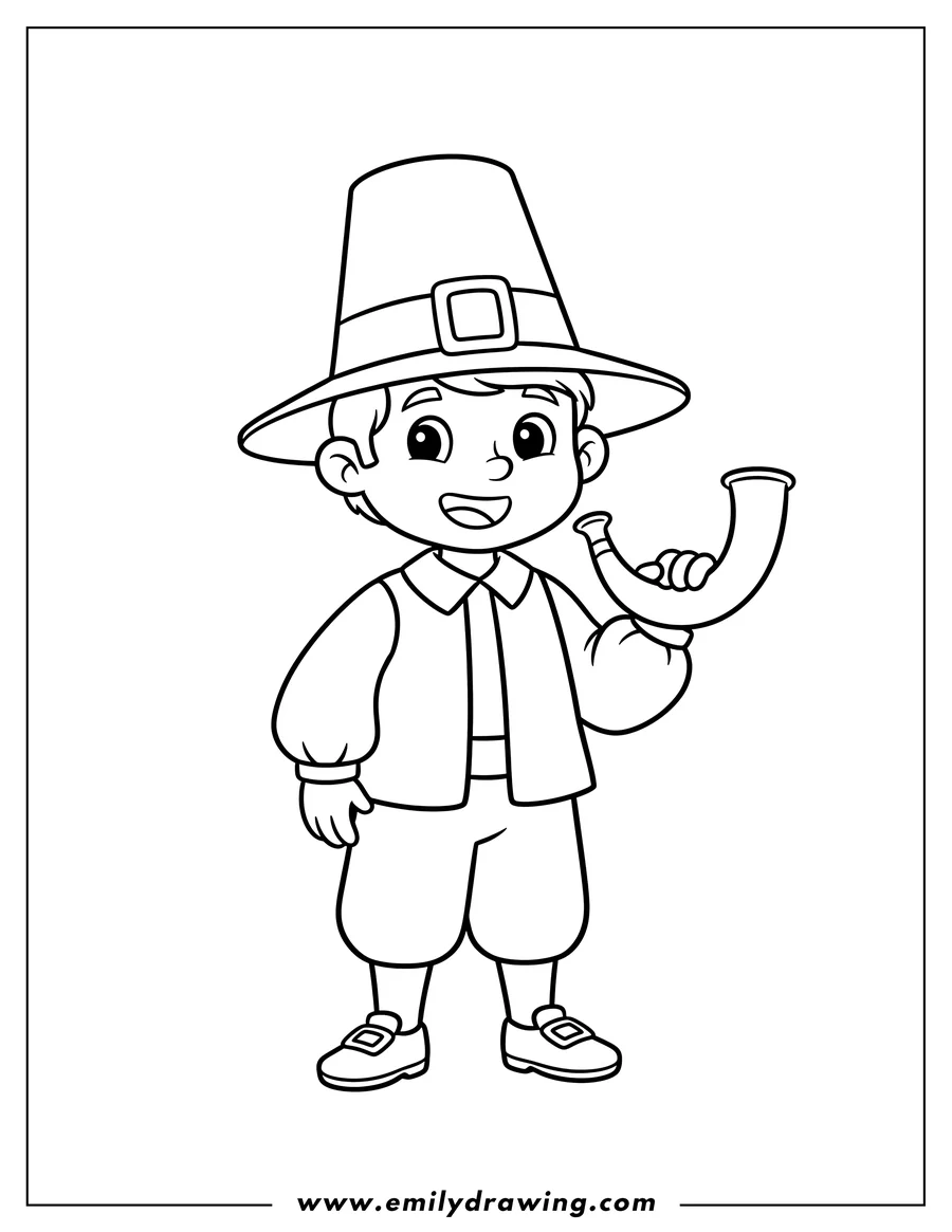 Linear illustration of simple Pilgrim smiling, wearing a hat with a buckle, and holding a horn