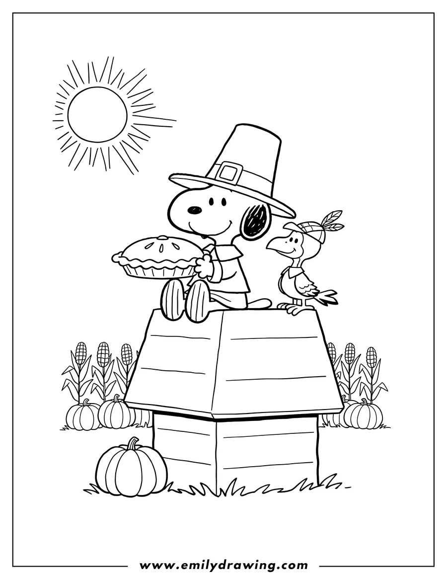 Coloring sheet featuring pilgrim Snoopy and Woodpecker sitting on the doghouse, with Snoopy holding a pie, celebrating Thanksgiving
