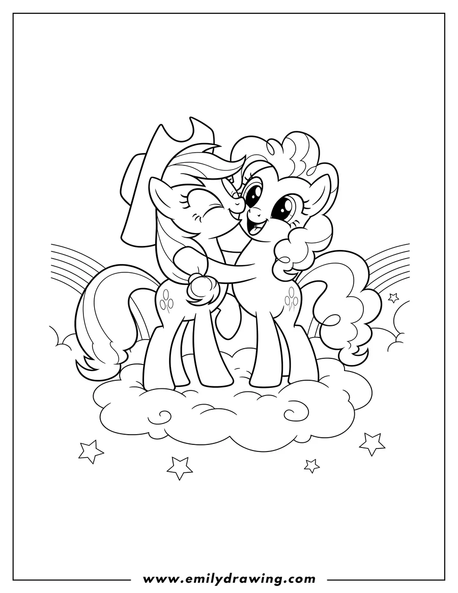 Printable line art of pinkie Pie And Applejack Hugging On Cloud, with Applejack nuzzling Pinkie Pie's cheek