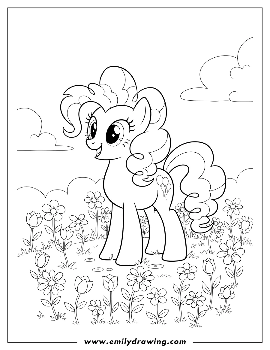 Vector style outline of pinkie Pie pony with curly mane and tail standing happily in a flower field