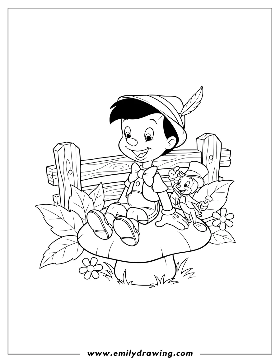 Black and white line art of pinocchio Disney sitting with Jiminy Cricket