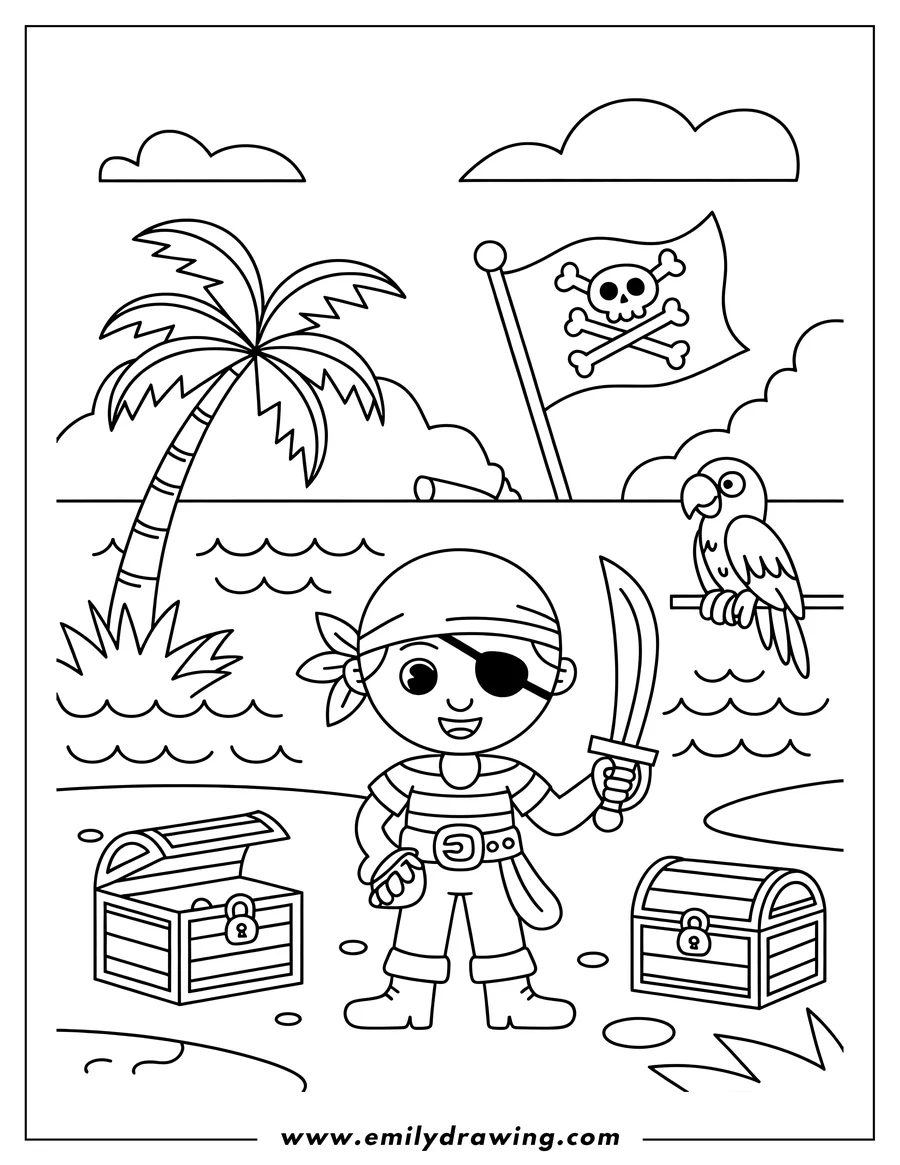 Doodle style coloring picture of pirate Boy