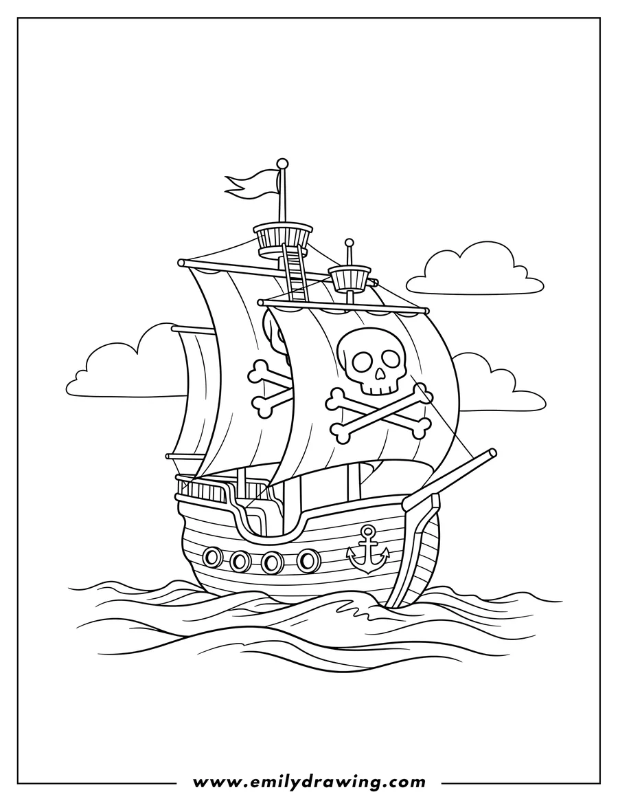 Free to print drawing of simple Pirate Ship With Crows Nest To Color Scaled, with skull and crossbones sails, sailing on wavy water