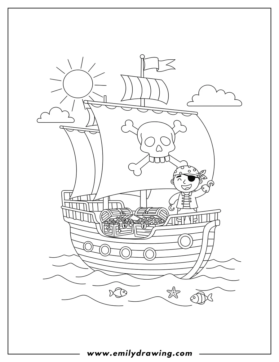 Doodle style coloring picture of simple Pirate Ship At Sea With Treasure Chests, featuring a pirate waving and skull and crossbones on the main sail