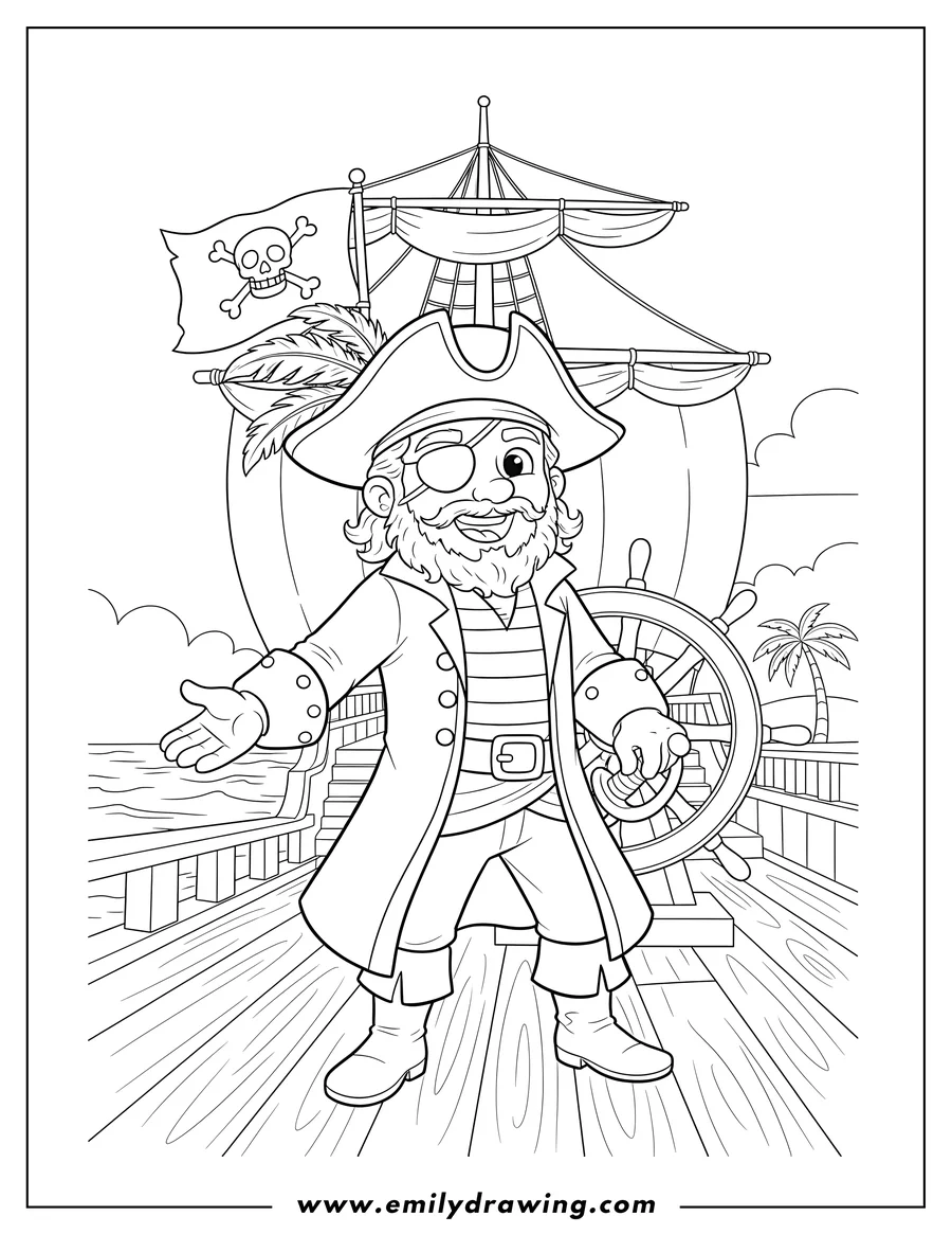 Vector style outline of pirate with eyepatch, tricorn hat, and sword, on deck of a pirate ship flying a Jolly Roger flag