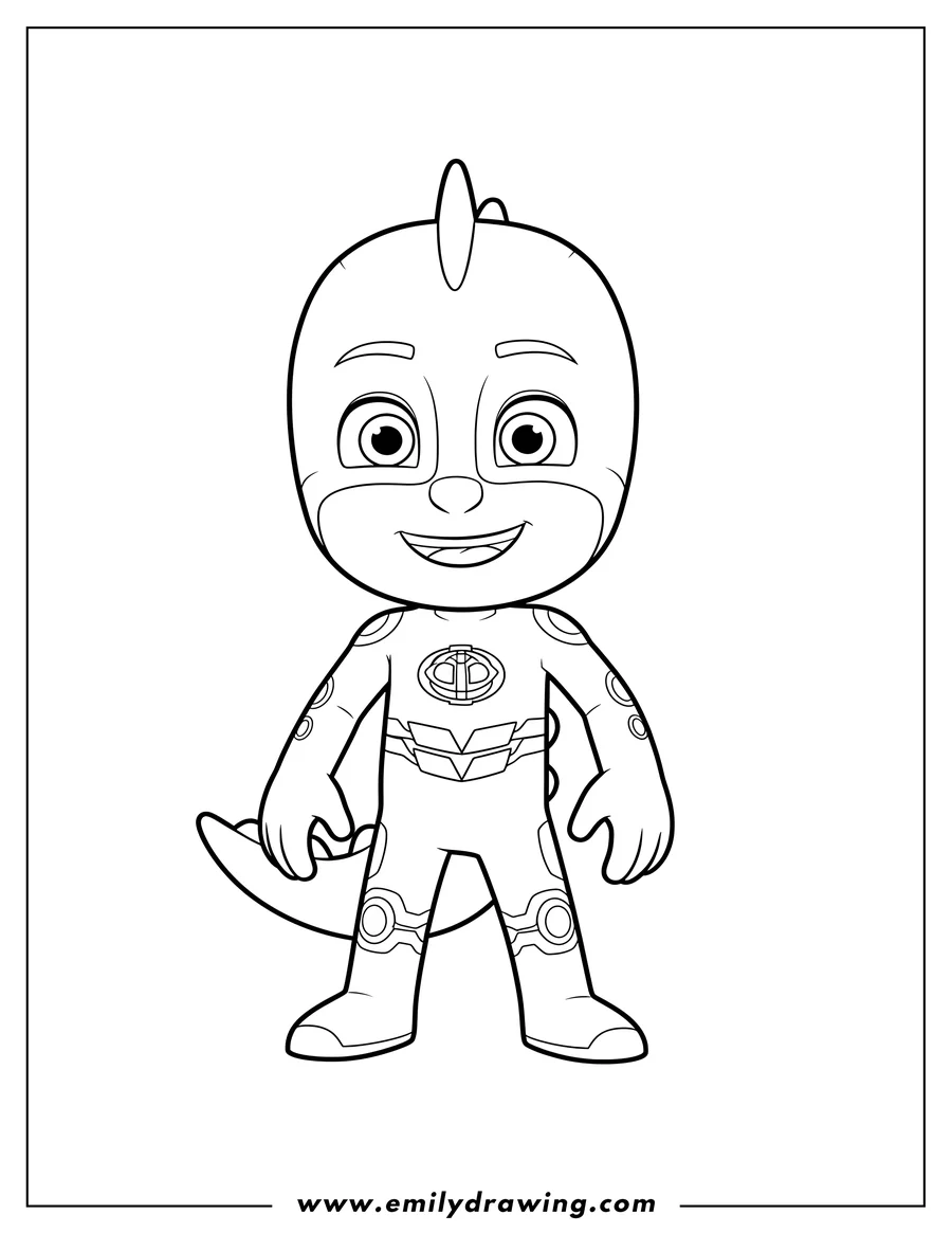 Clean line drawing: simple Pj Mask Gekko standing and smiling