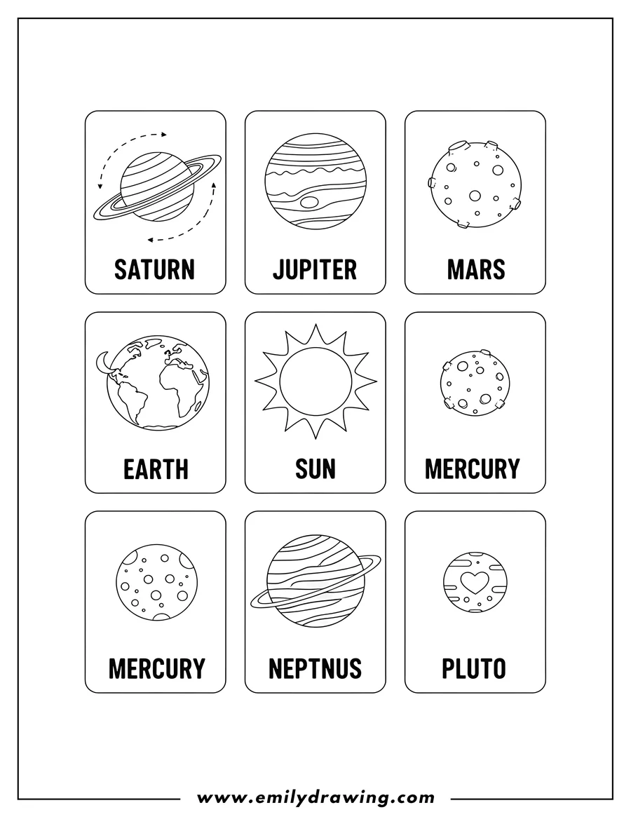 Outline drawing of planets Solar System Flash Cards To Color, featuring 9 celestial bodies with their names