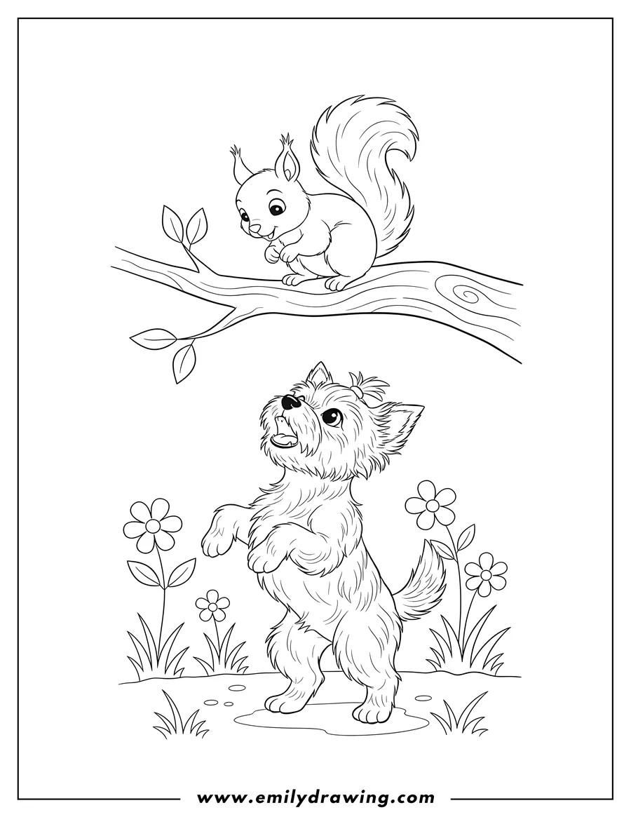 Outline drawing of playful Yorkie standing on hind legs barking up at a squirrel on a tree branch in a garden