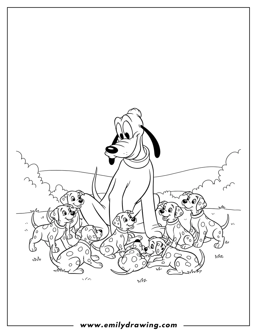 Outline drawing of pluto looking down at several spotted dalmatian puppies