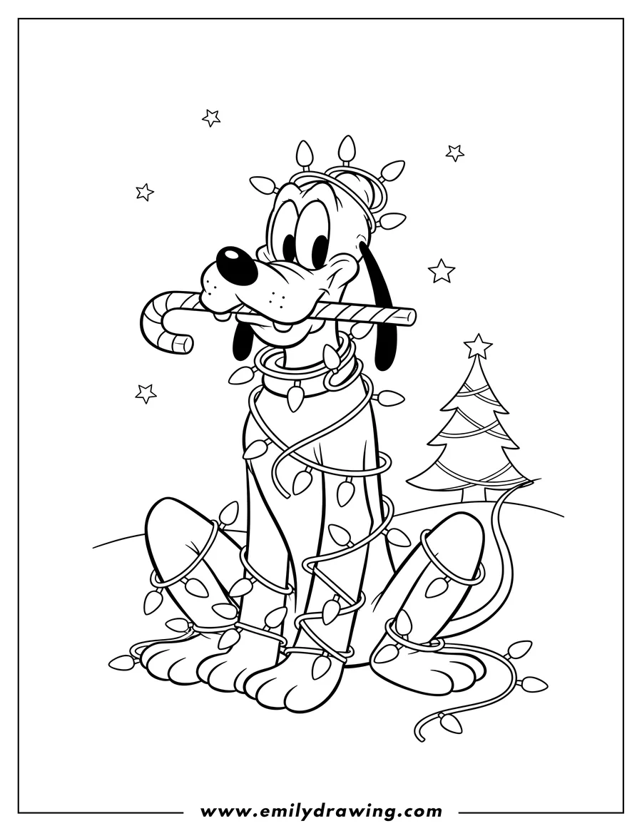 Downloadable coloring page of pluto sitting, tangled in Christmas lights, and holding a candy cane in his mouth