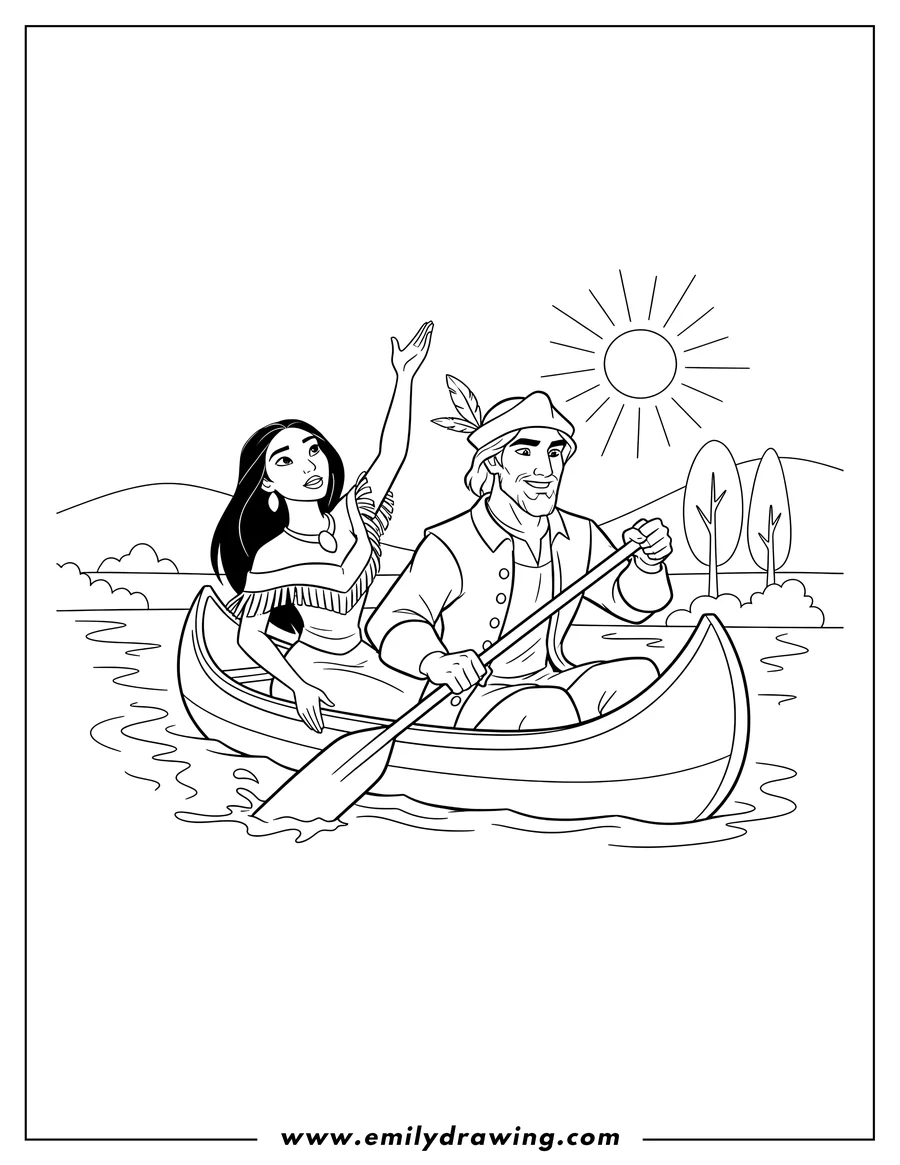 Simple sketch of pocahontas and John Smith in a canoe, John Smith paddling, Pocahontas reaching up to color