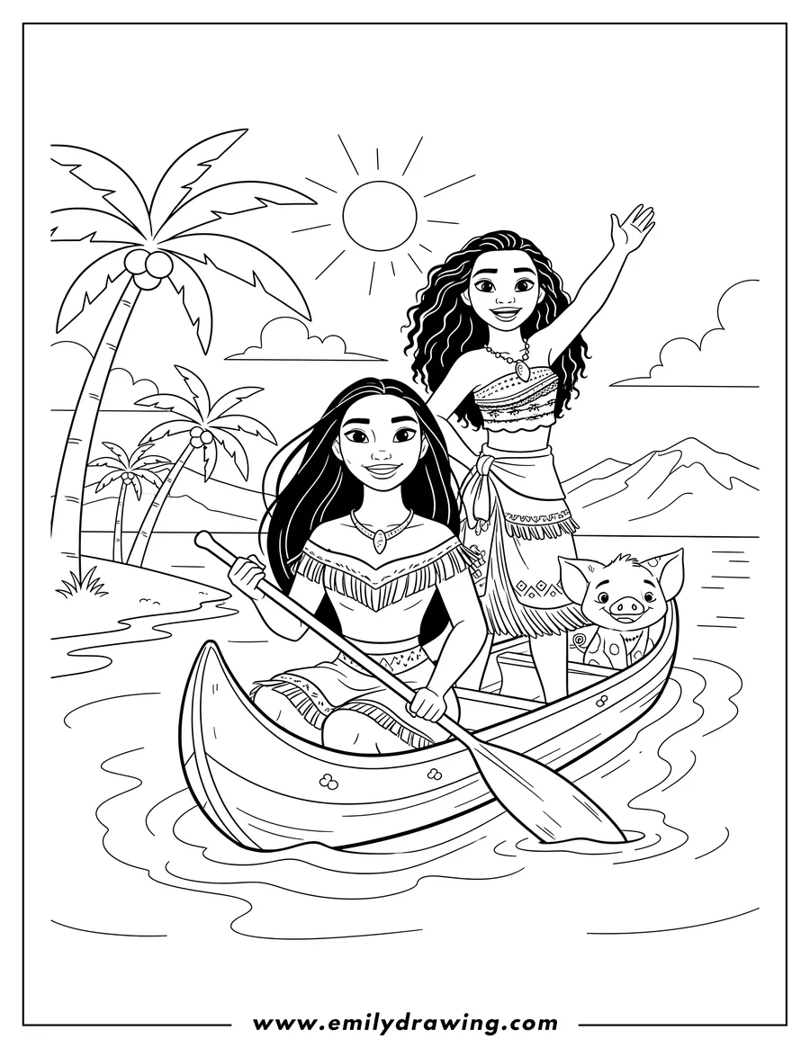 Downloadable coloring page of pocahontas paddling a canoe, Moana standing and waving, with Pua the pig