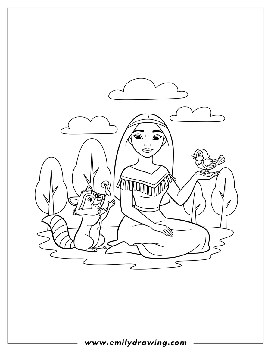 Full page coloring image of simple Pocahontas sitting with a raccoon and a bird