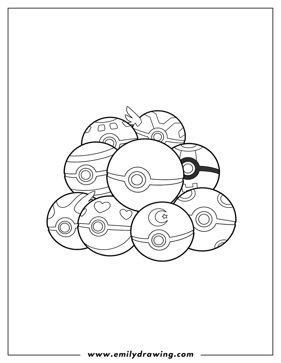 Coloring page of pokeball Video Game, multiple different types of Pokeballs
