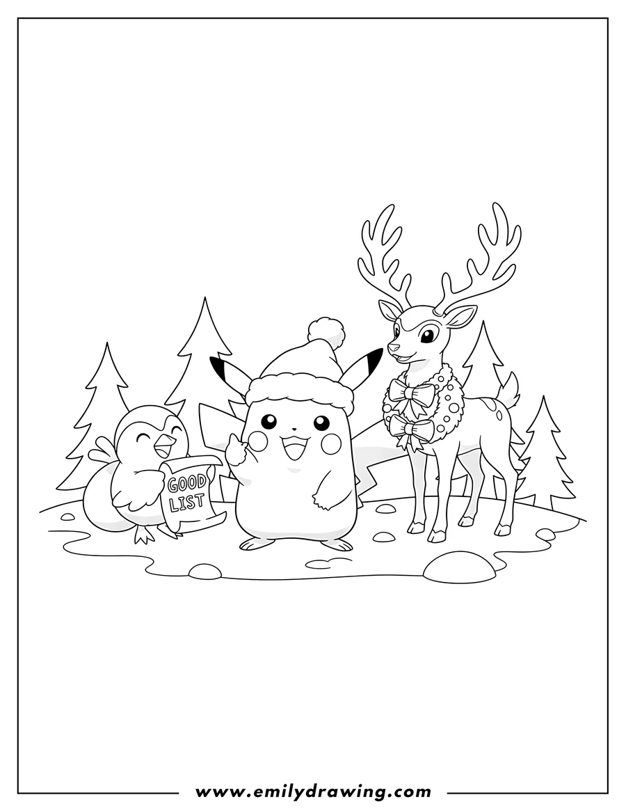 Downloadable coloring page of pokemon Christmas Card Good List with Santa hat Pikachu, Delibird, and Stantler